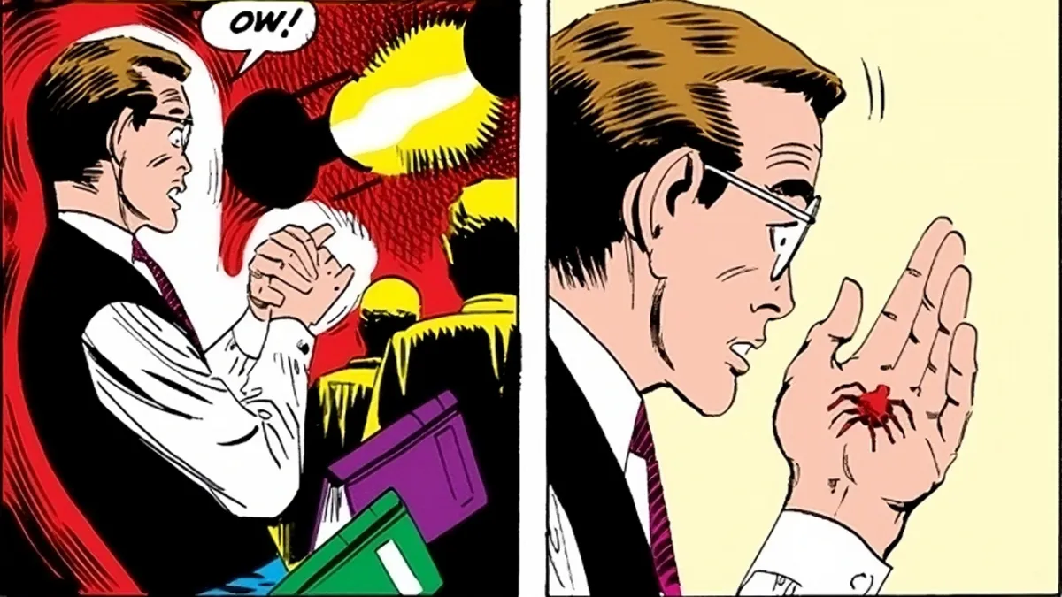 An image of Peter Parker being bitten by a spider as part of an article on the kind of spider that bit him to make him into Spider-Man