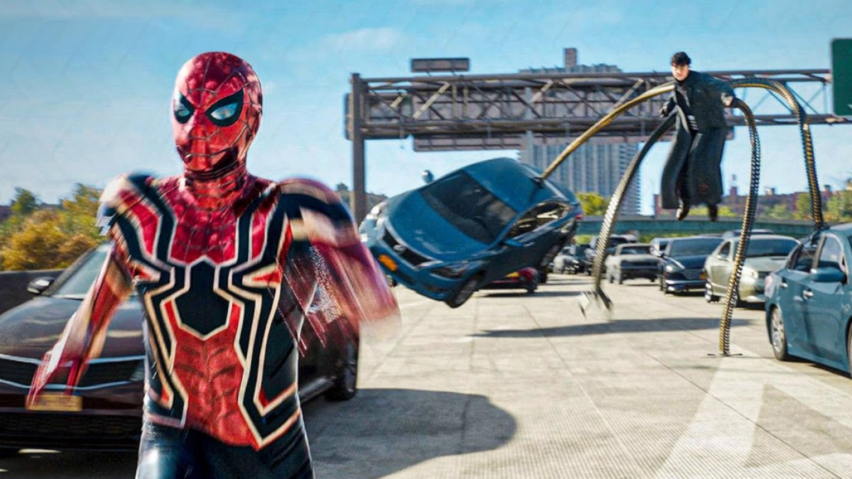 How fast can Spider Man run? Spider-Man running from Doctor Octopus from a scene in Spider-Man: No Way Home.