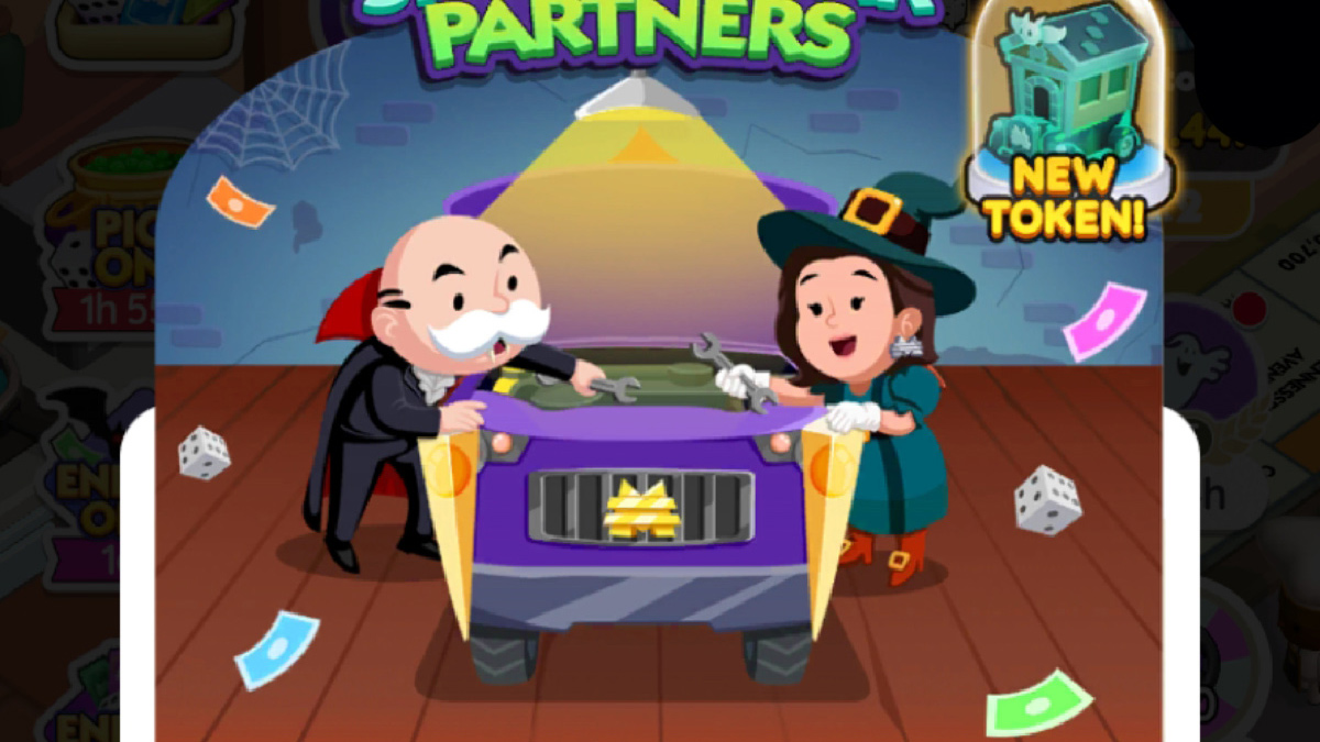 An image of the banner for Spooky Car Partners in Monopoly GO showing Uncle Pennybags and a witch looking at a car.