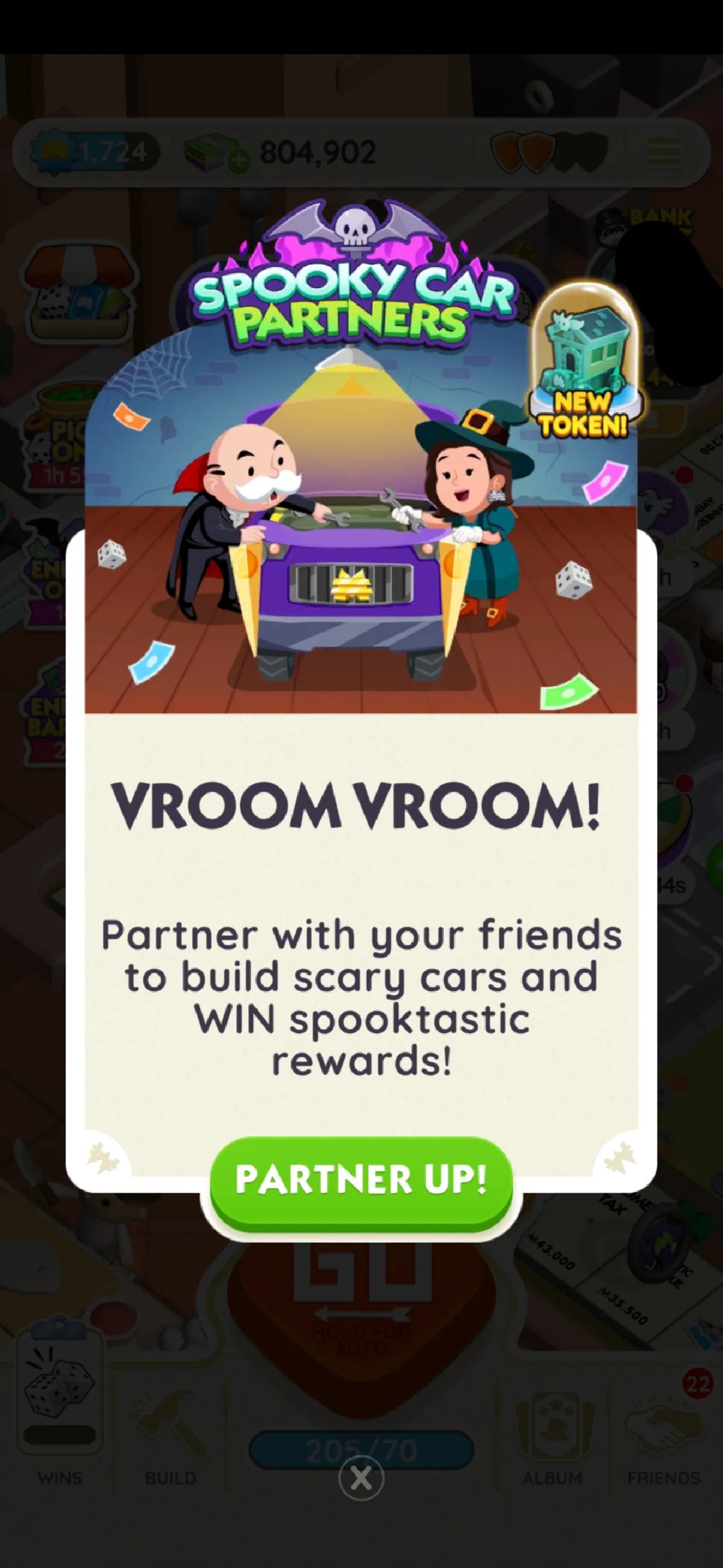 An image of the banner for Spooky Car Partners in Monopoly GO showing Uncle Pennybags and a witch looking at a car.