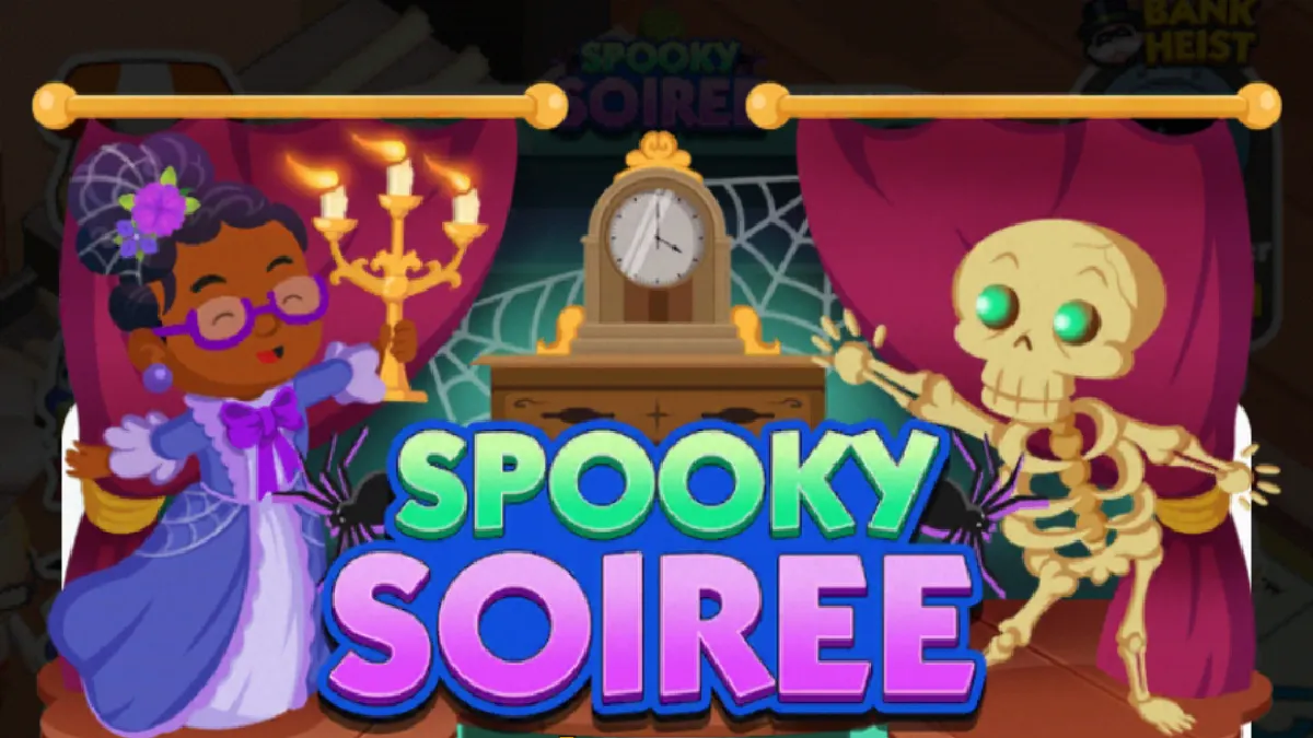 A header for the Spooky Soiree event in Monopoly GO that shows a woman holding a candlestick to the left of a mantel clock, while a skeleton stands on the other side.