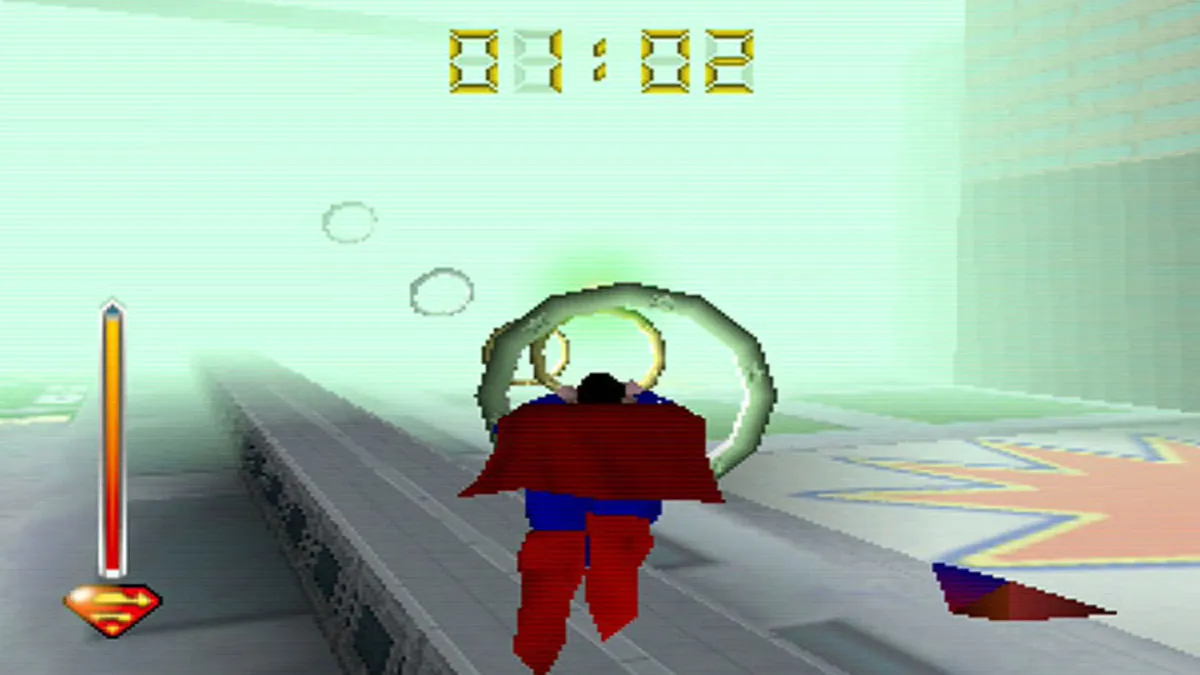 An image of Superman flying through various rings in Superman 64 as part of a ranked list of the worst video games ever.