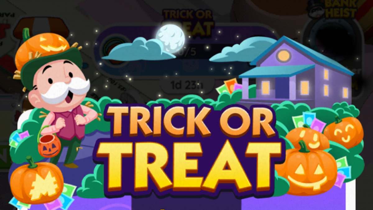 A header for the Trick or Treat event in Monopoly GO. The image shows Uncle Pennybags wearing a jack-o-lantern on his head and holding a basket to go trick or treating.