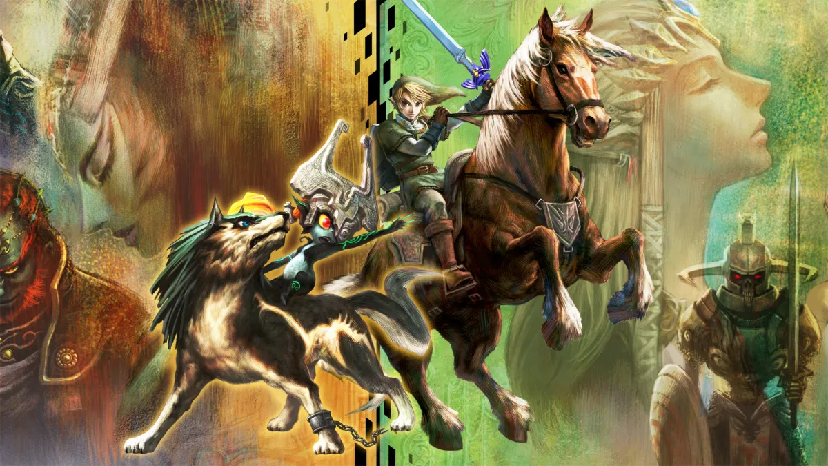 Wolf Link and Midna stand next to Link on Epona