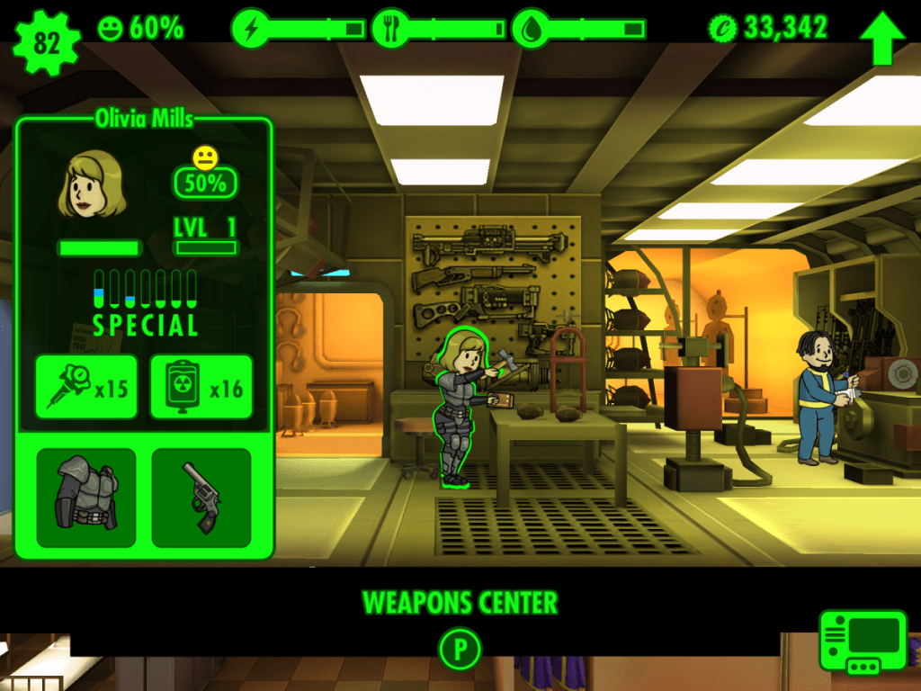 Two vault dwellers work in an armory