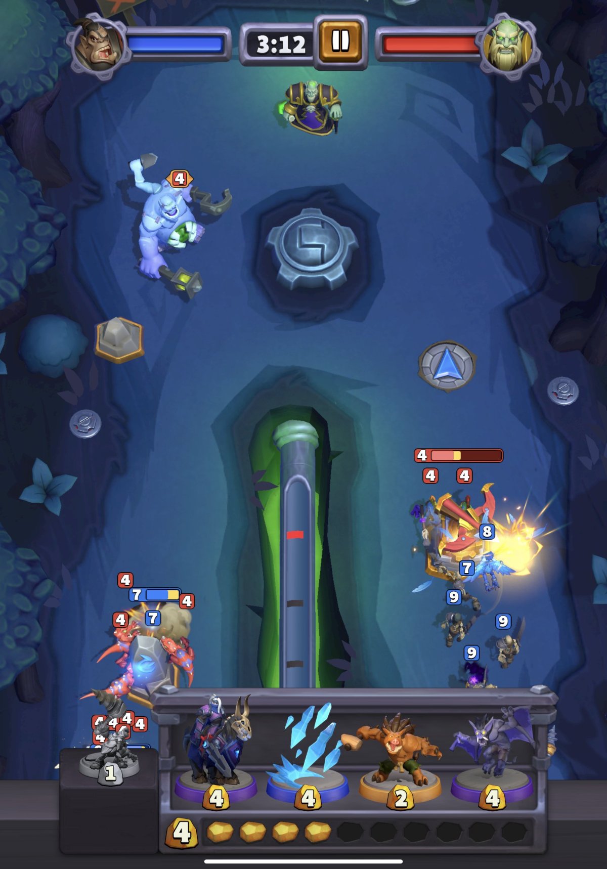 An image from Warcraft Rumble showing an attack on the different lanes of the game as part of a guide on how to beat Abercrombie in the game.