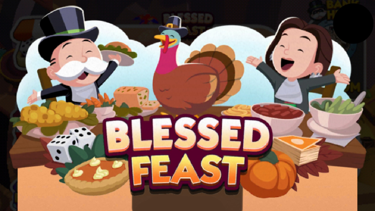 A header-sized image for the Blessed Feast event in Monopoly GO that shows Rich Uncle Pennybags on the left side of a table with a brunette on the right. There's a turkey in between them.