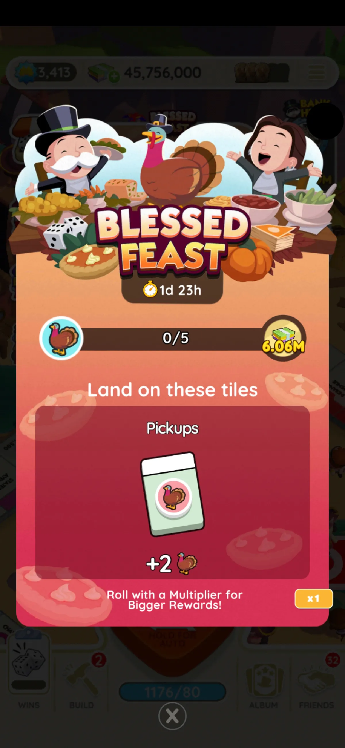 An image for the Blessed Feast event in Monopoly GO showing Rich Uncle Pennybags looking like an early colonist and looking at a turkey. The image is part of a list of all the rewards, prizes, and milestones you can get for the event in Monopoly GO.