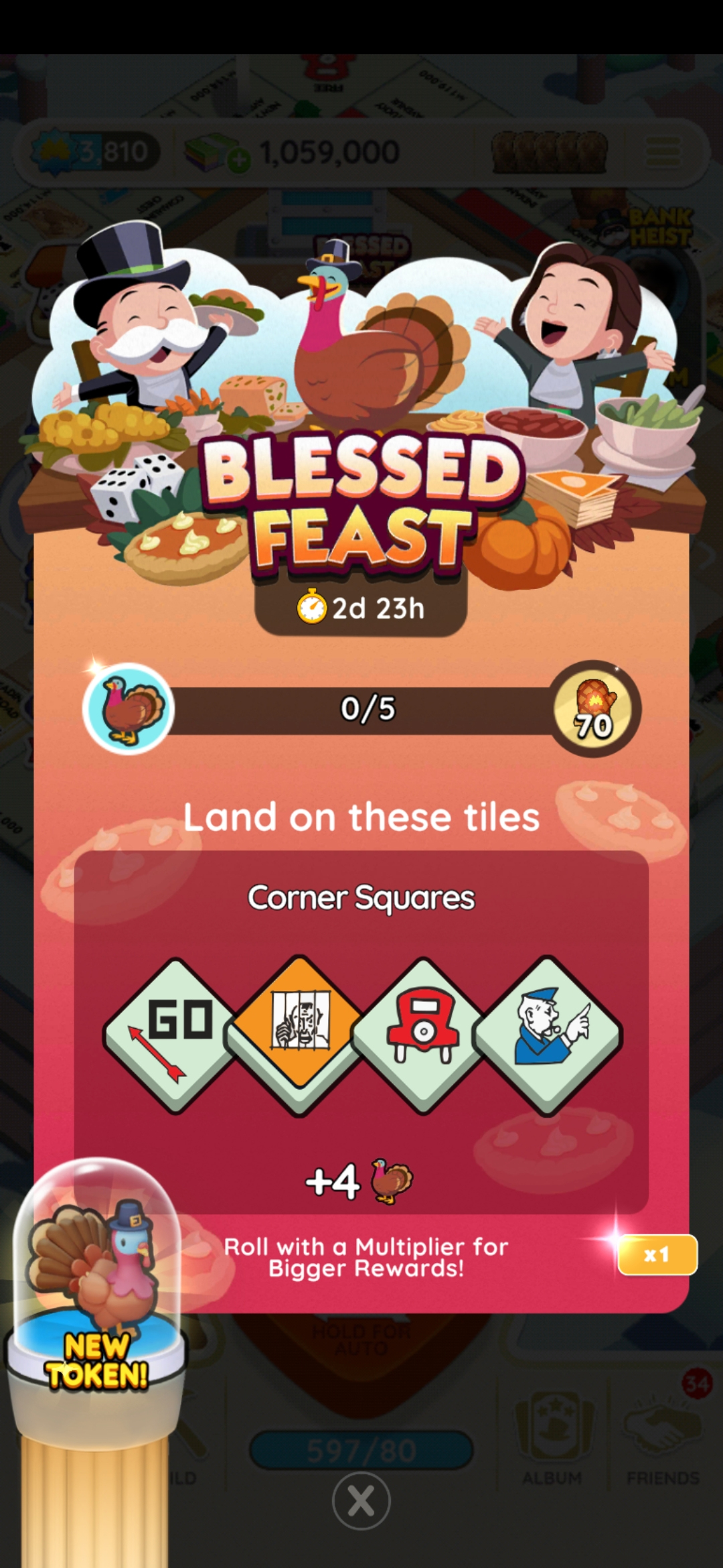 A full-sized image for the Blessed Feast event in Monopoly GO that shows Rich Uncle Pennybags on the left side of a table with a brunette on the right. There's a turkey in between them. The image is part of a list on all the rewards, milestones, and prizes you can get for the Blessed Feast event in Monopoly GO as well as how to play the event and win.