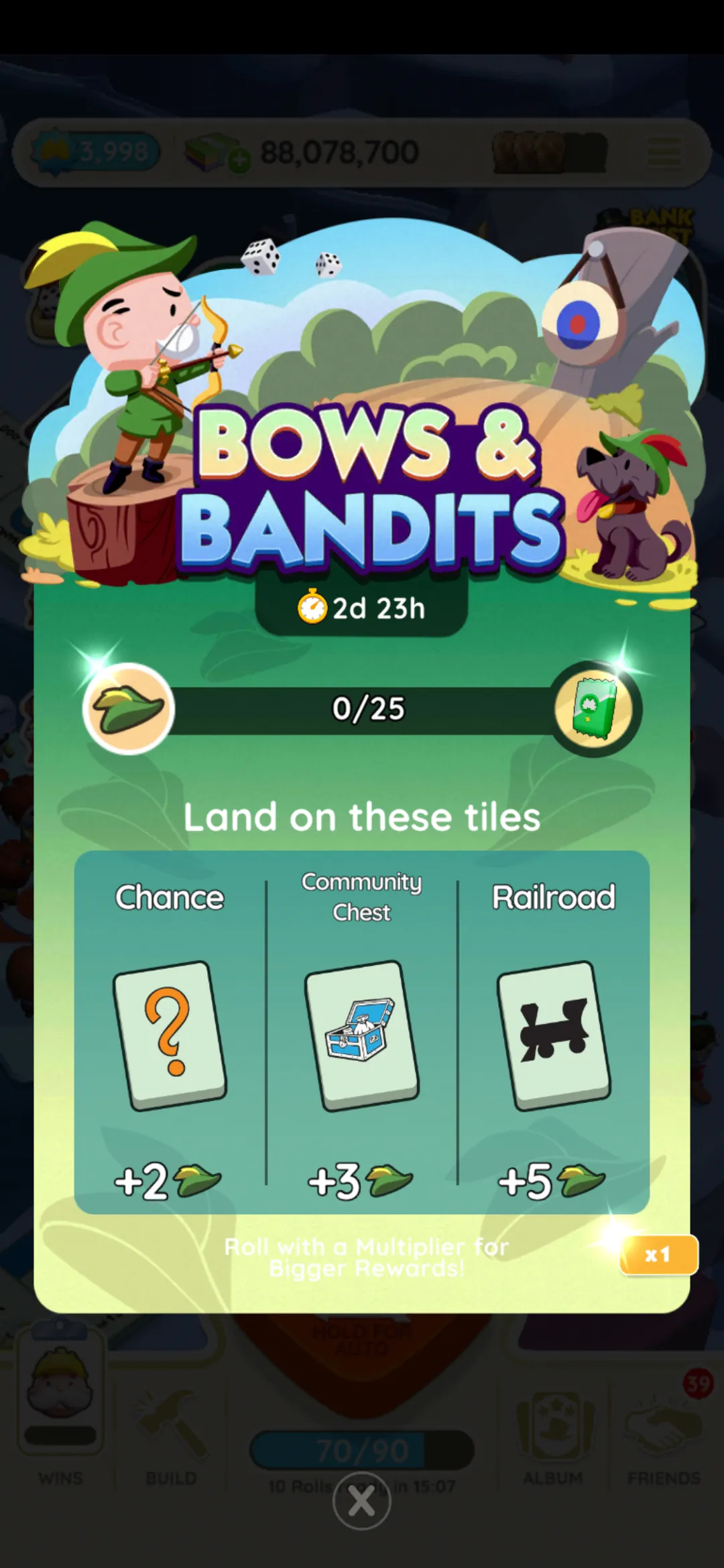 A header-sized image for the Bows & Bandits event in Monopoly GO that shows Rich Uncle Pennybags dressed up like Robin Hood and shooting at a target. The image is part of an article that lists all the rewards, milestones, and prizes you can get during the Bows & Bandits event in Monopoly GO.