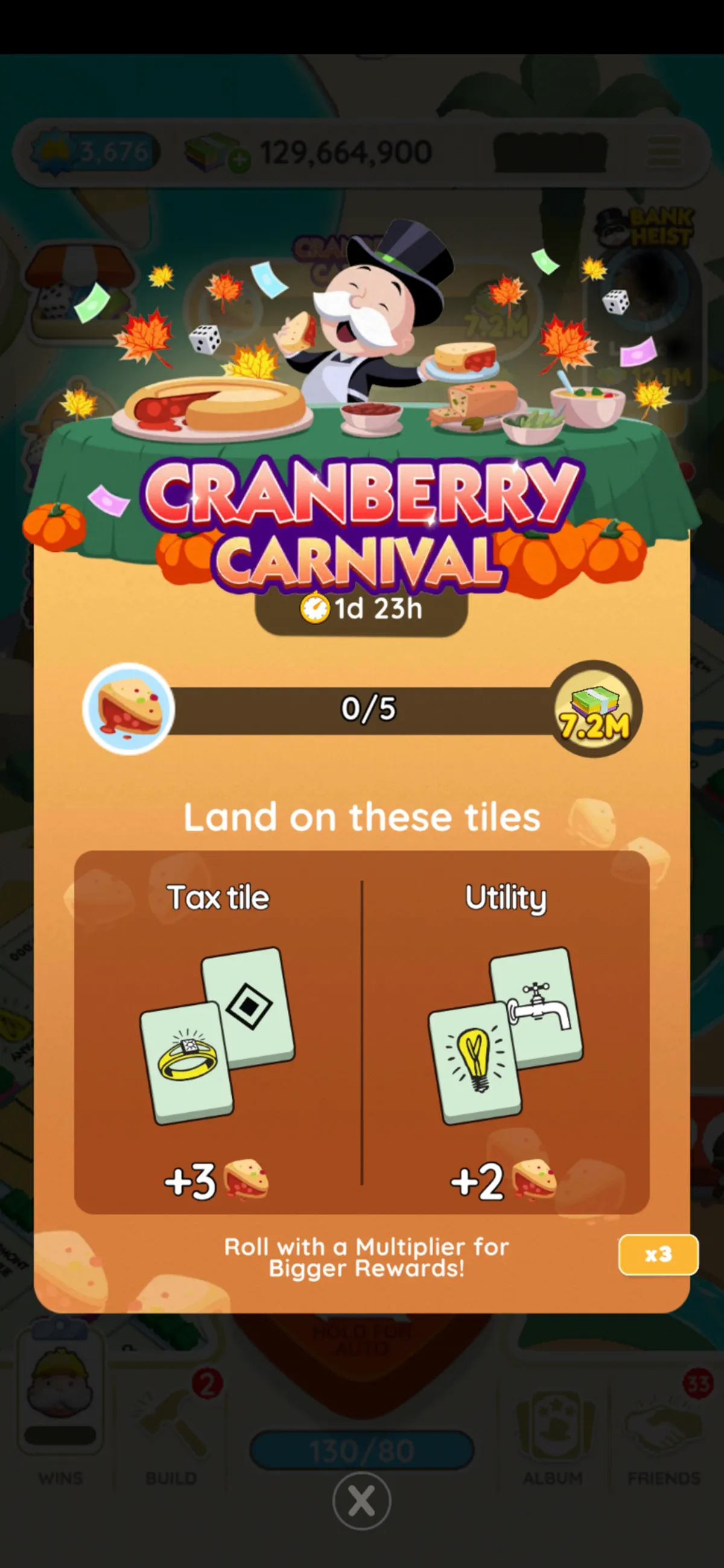 A full-sized image for the "Cranberry Carnival" event in Monopoly GO. The image shows Rich Uncle Pennybags holding a piece of pie while autumnal leaves fall around him. He looks happy.