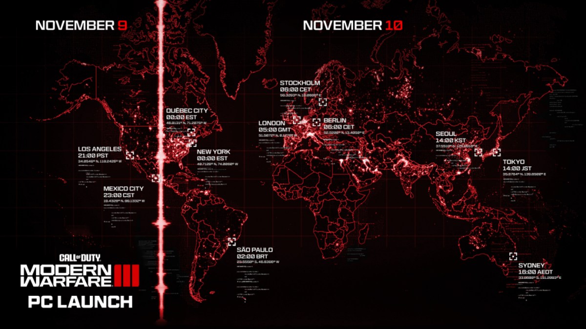 A map showing the release date and times for Call of Duty: Modern Warfare 3 (CoD: MW3)