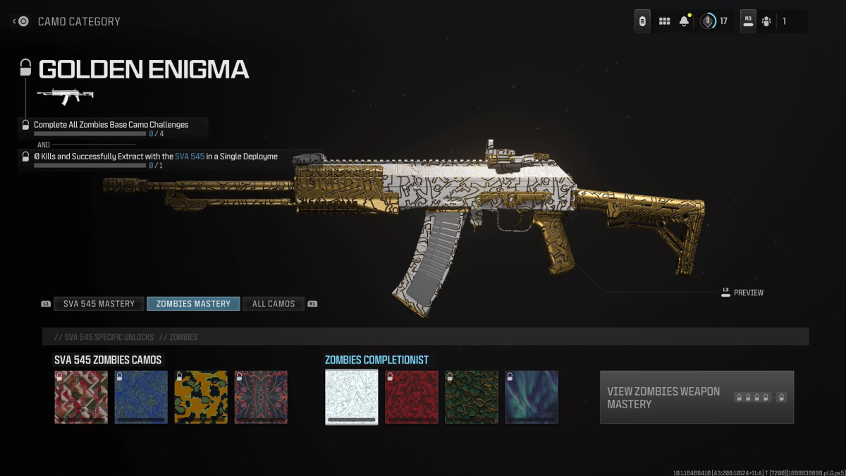 This image shows an SVA 545 assault rifle in Call of Duty: Modern Warfare 3 (CoD: MW3) with the Golden Enigma skin, which is gold and silver, as part of an article on how to get all camo from the Zombies (MWZ) mode. 