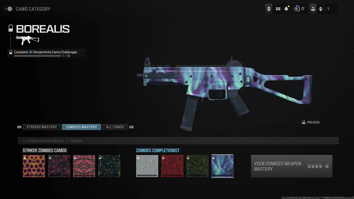 This image shows a Striker Zombies assault rifle in Call of Duty: Modern Warfare 3 (CoD: MW3) with the Borealis skin, which is blue, as part of an article on how to get all camo from the Zombies (MWZ) mode. 