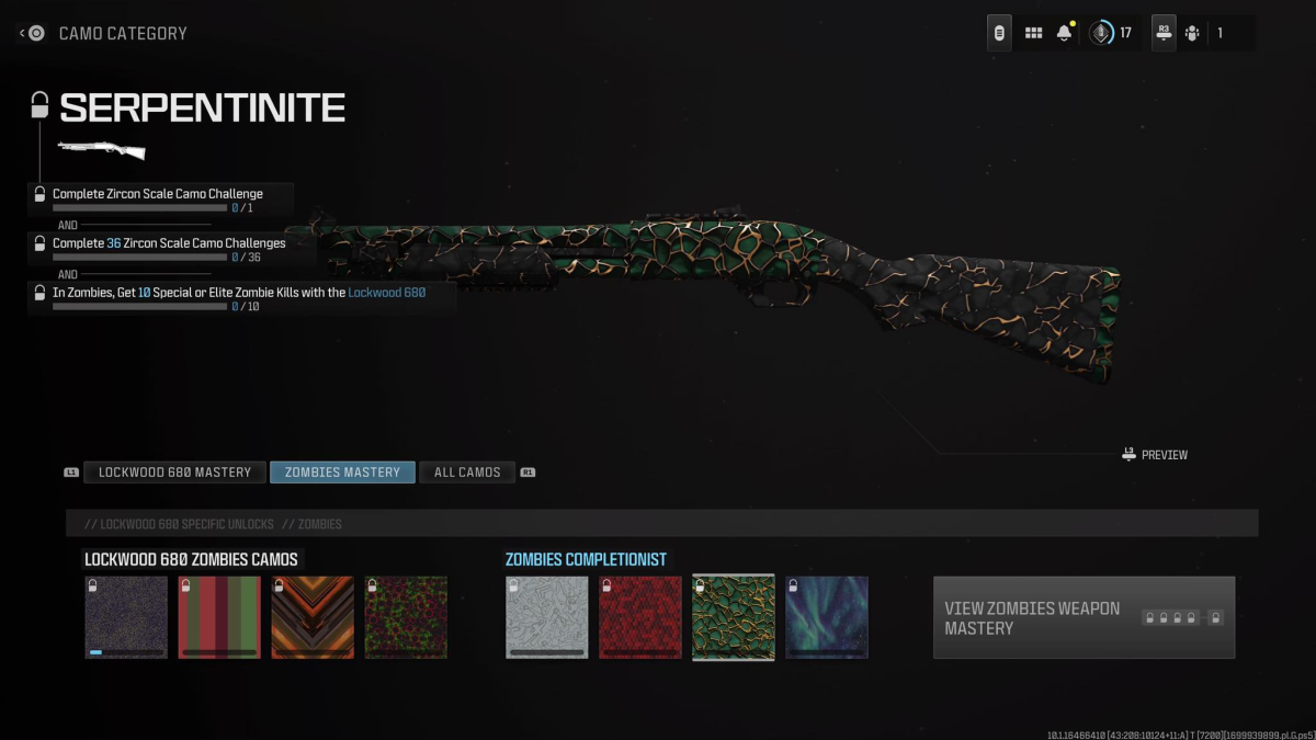 This image shows a Lockwood 680 shotgun in Call of Duty: Modern Warfare 3 (CoD: MW3) with the Serpentine skin, which has scales like snake skin, as part of an article on how to get all camo from the Zombies (MWZ) mode. 