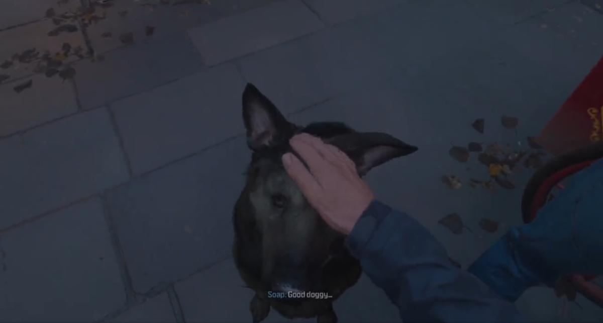 An image showing Soap petting Riley the dog in Call of Duty: Modern Warfare 3 (CoD: MW3) as part of an article if you can do that very important action.