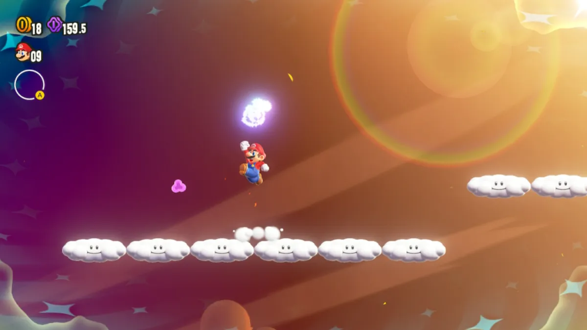 An image of Mario jumping up towards a Wonder Seed. The level around him is filled with clouds and has a sky theme, with lens flare simulating the sun. The image is part of a guide on how to get all the Wonder Seeds in the "Bullrush Coming Through " level in Super Mario Bros. Wonder.