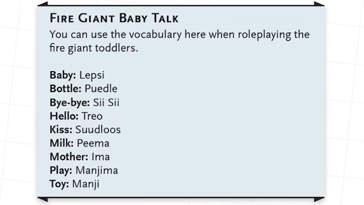 A list of Fire Giant baby talk words in Saving the Children's Menu adventure