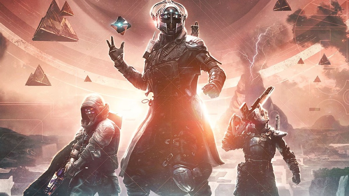 The key art for Destiny 2 The Final Shape. It shows three Guardians from the game against a red background featuring flying pyramids and a volcano with lightning shooting out of its cone. This image is part of an article about how to fix the Destiny 2: The Final Shape server issue.