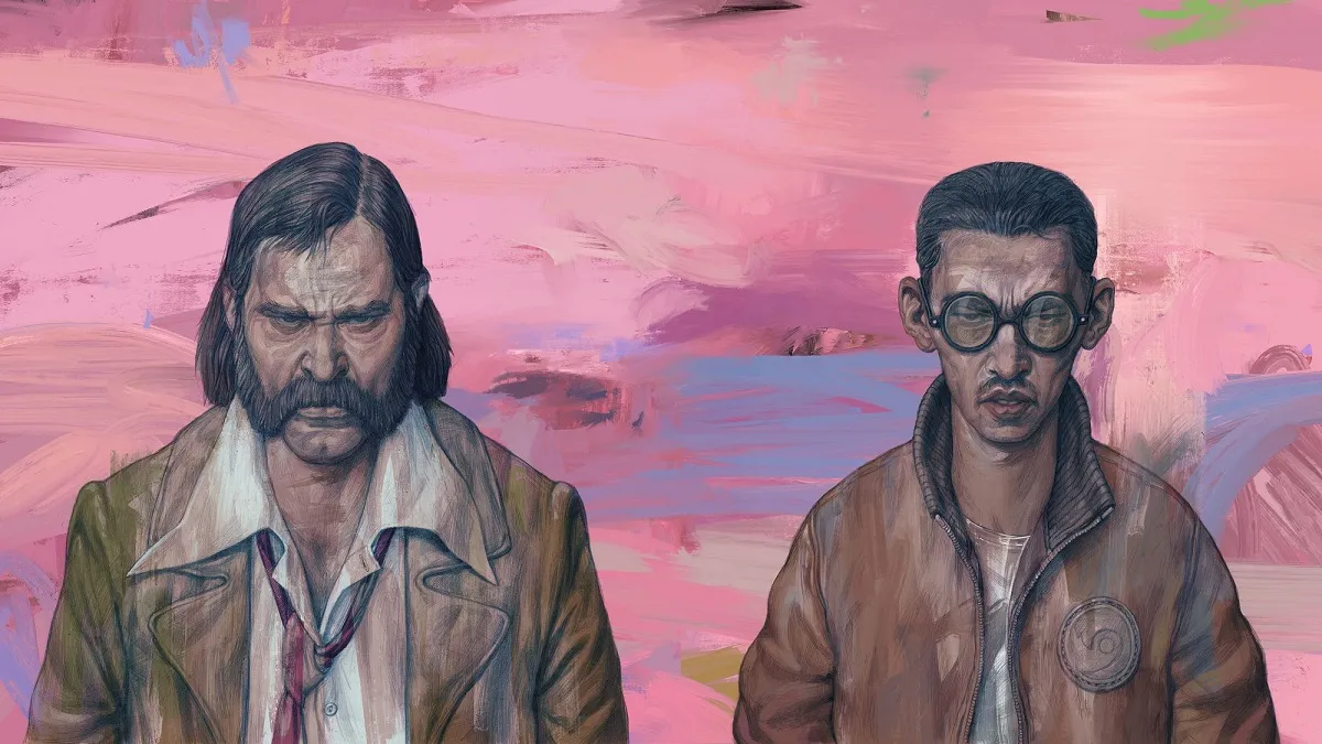 Image of Harry and Kim on a painted background for Disco Elysium.