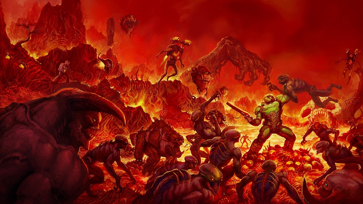 Image of Doom character busting demon heads.