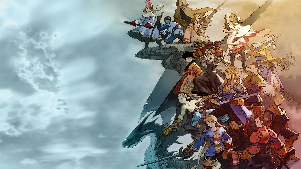 Image of mercenaries and Final Fantasy Tactics protagonists in promo artwork.