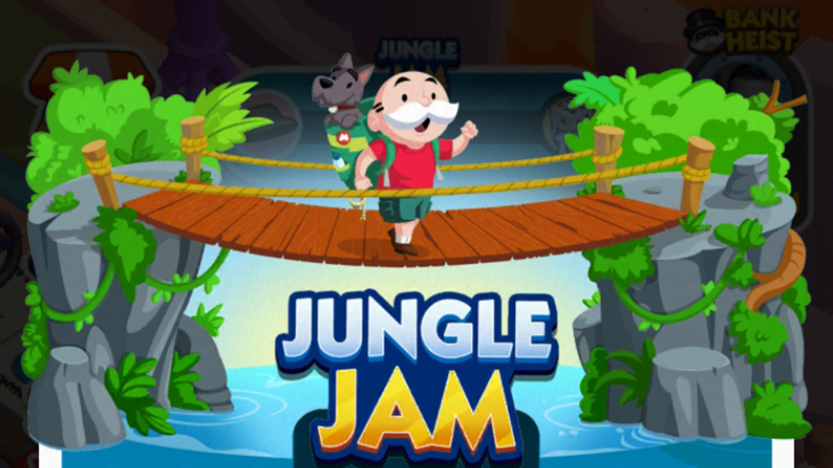 A header-sized image for the Jungle Jam event in Monopoly GO. The picture shows Rich Uncle Pennybags crossing a rickety wooden rope bridge over a river and the logo for the event. There's a dog on his back.