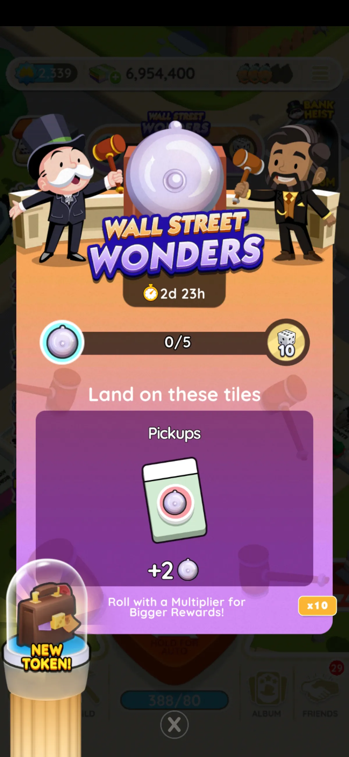 An image of the rules for the Wall Street Wonders event in Monopoly GO. The image shows Rich Uncle Pennybags on the left-side of a bell with another man on the right side about to ring it. Both are holding hammers.