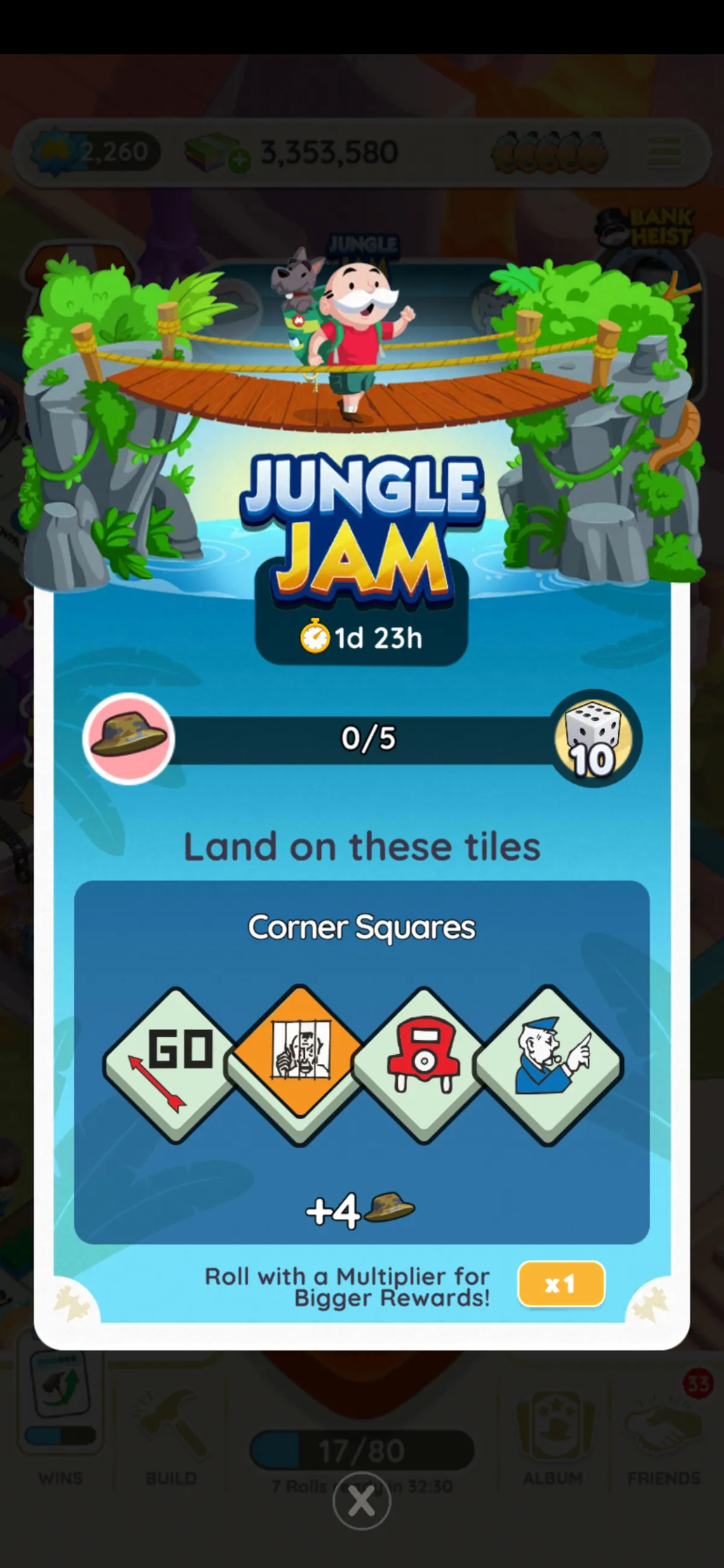 An image for the Jungle Jam event in Monopoly GO showing all the rules for the event as part of an article on the available rewards and milestones, as well as how to win. The picture shows Rich Uncle Pennybags crossing a rickety wooden rope bridge over a river and the logo for the event. There's a dog on his back.