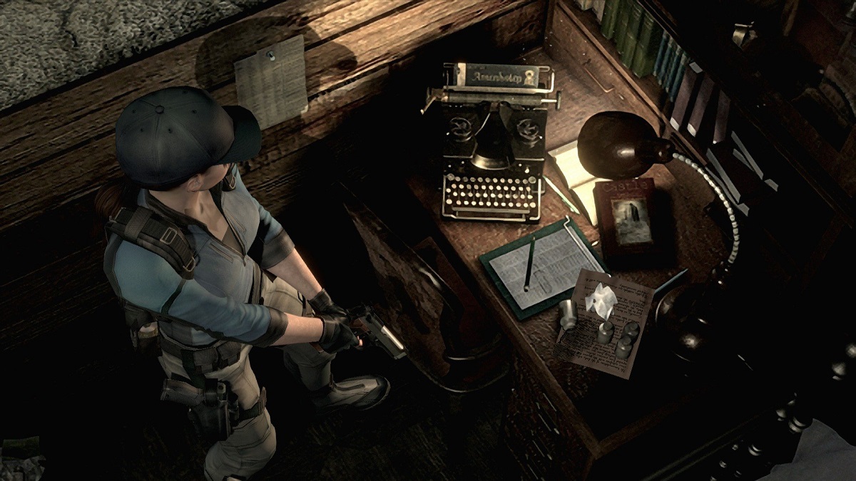 Image of a woman with a gun near a typewriter on a desk in Resident Evil.