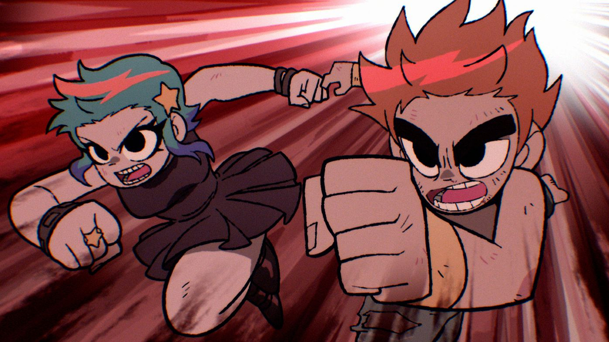 Scott Pilgrim and Ramona Flowers charge into battle in Scott Pilgrim Takes Off.