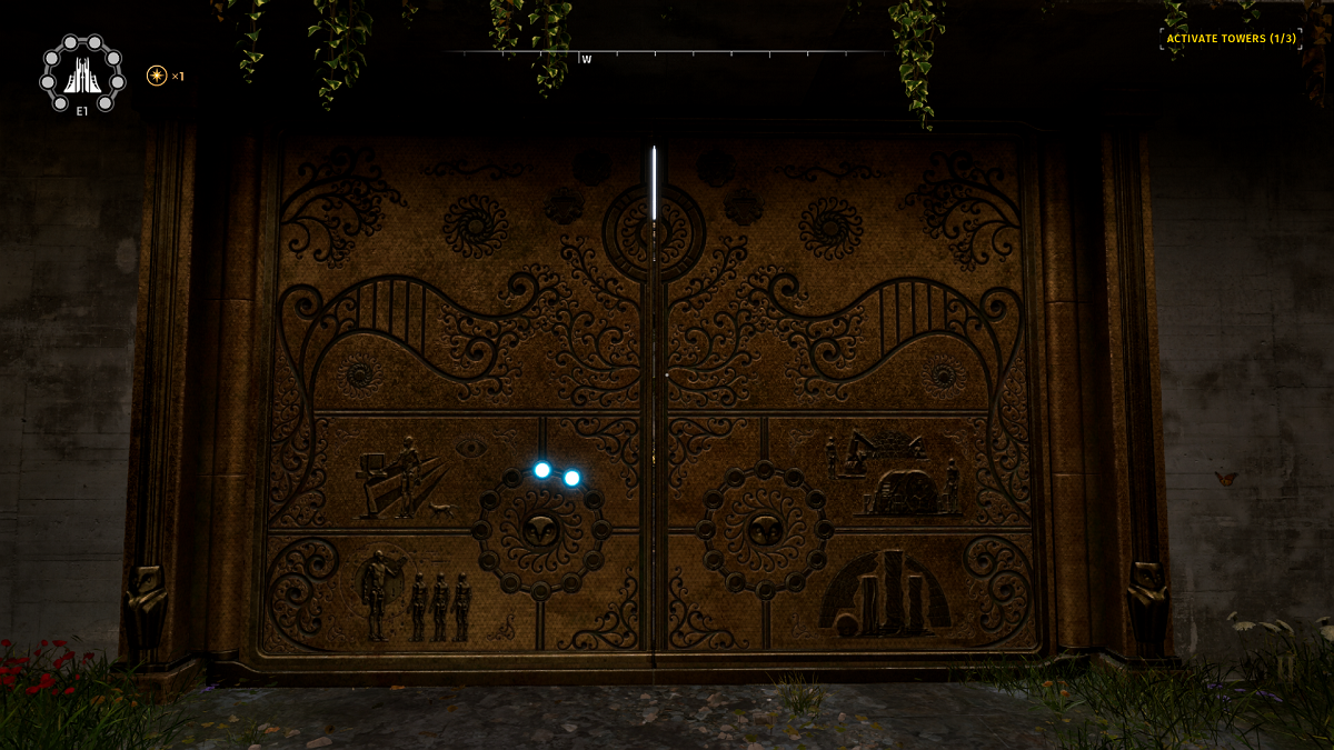 An image from Talos Principle 2 showing a giant metal door with a variety of engravings on it, with one part of the engraving having lights. The image is part of an article on how to find Lost Puzzles in Talos Principle 2 and what you get for completing them.