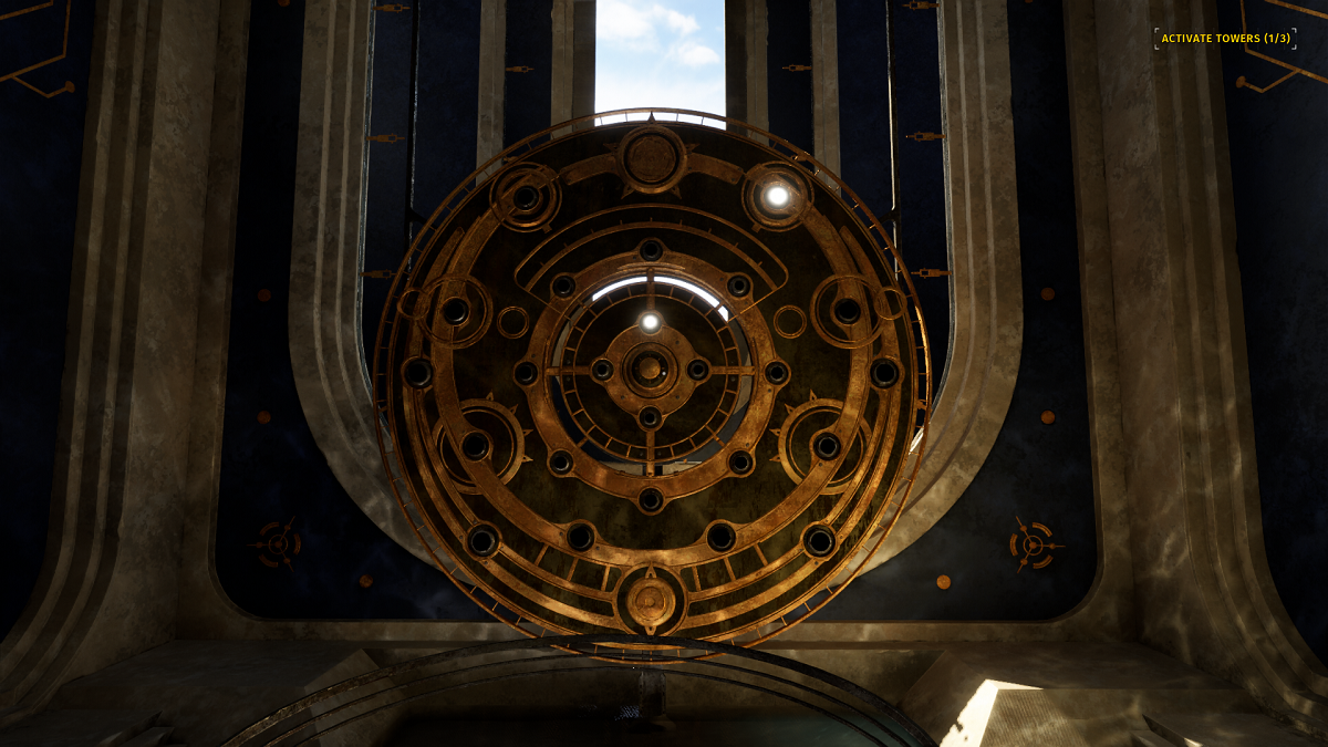 An image of a giant bronze or gold circle puzzle in Talos Principle 2 with one of its lights lit up. The image is part of a guide to how Stars work in Talos Principle 2 and how to use them.