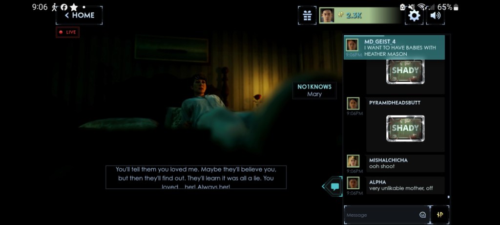 Una imagen como parte del artículo Silent Hill: Ascension causó una primera impresión absolutamente terrible.  La imagen muestra la interfaz de usuario de Silent Hill: Ascension, incluido el chat.  En la imagen se ve a alguien fuera de la pantalla hablando de cómo la persona con la que está hablando dice que la ama.