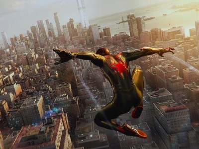 Image of Miles soaring in the sky in Marvel's Spider-Man 2.