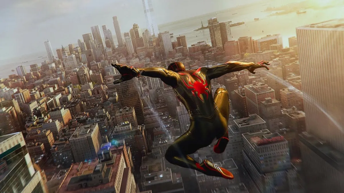 Image of Miles soaring in the sky in Marvel's Spider-Man 2.