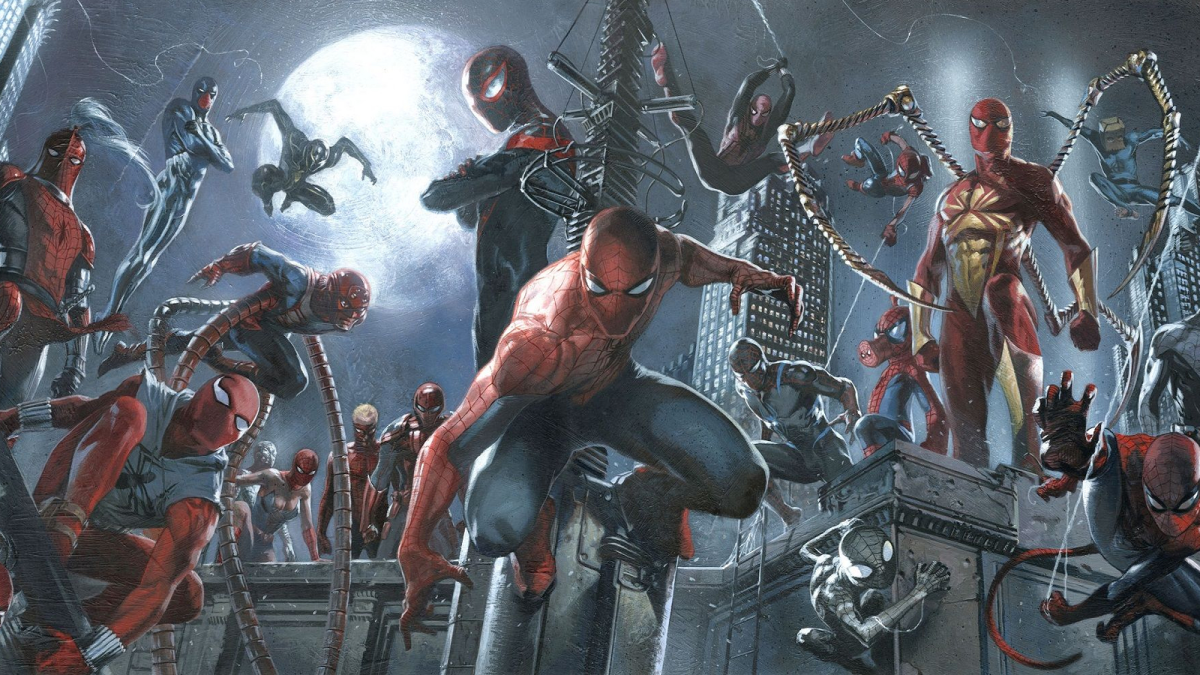 Comic book artwork of Spider-Man variants.