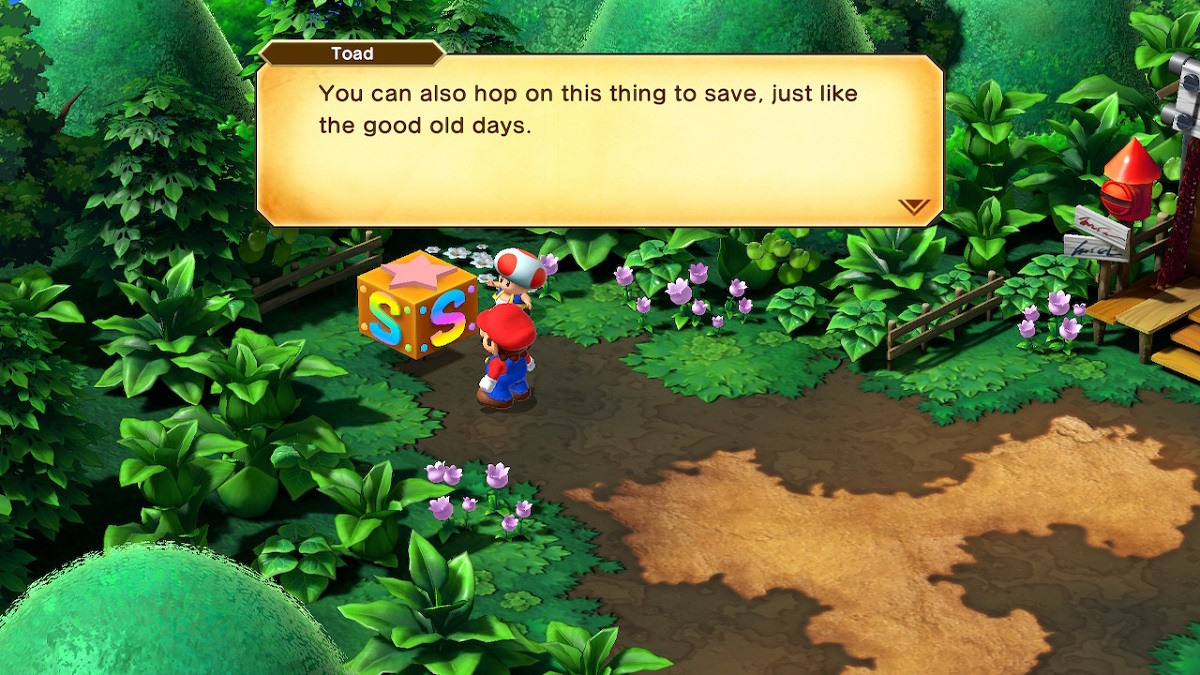 Imagen de Mario y Toad cerca de una caja de guardado en Super Mario RPG.