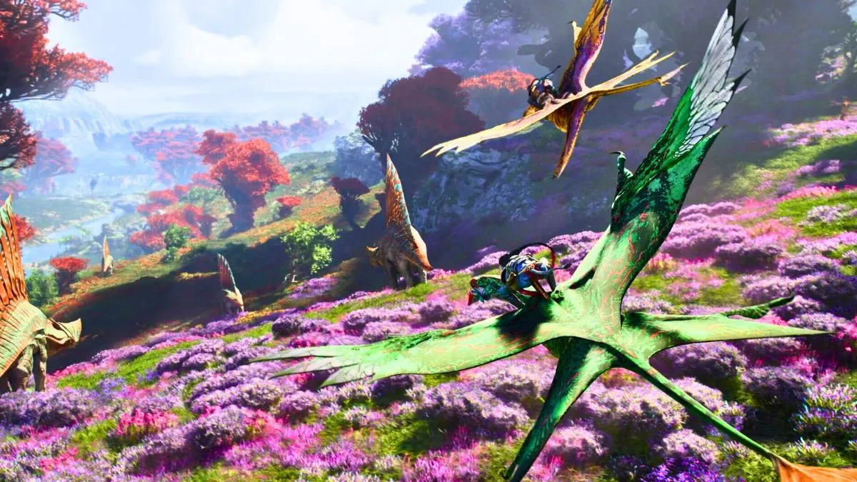 Two na'vi flying Ikran in the fields of Pandora