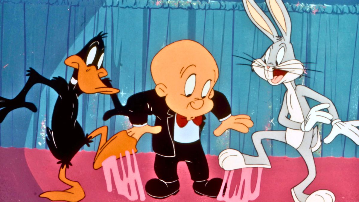 Daffy Duck, Elmer Fudd and Buggs Bunny stepping on chewing gum