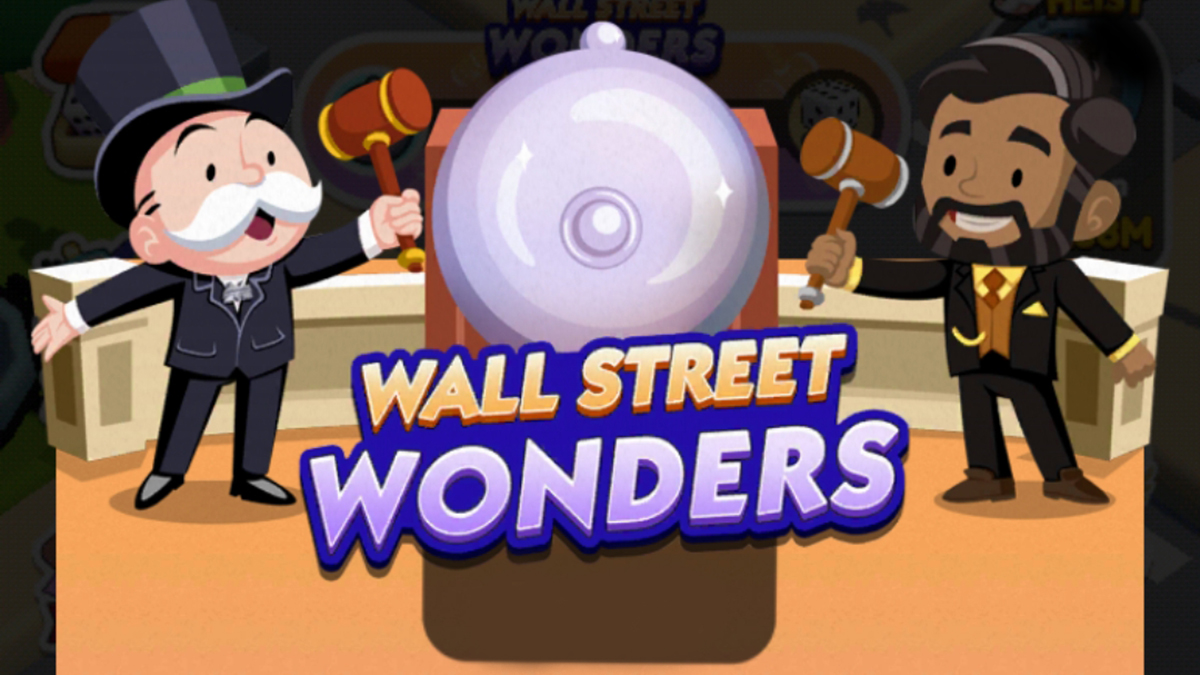 Image of Wall Street Wonders in Monopoly GO showing Rich Uncle Pennybags and another man about to ring a stock bell.