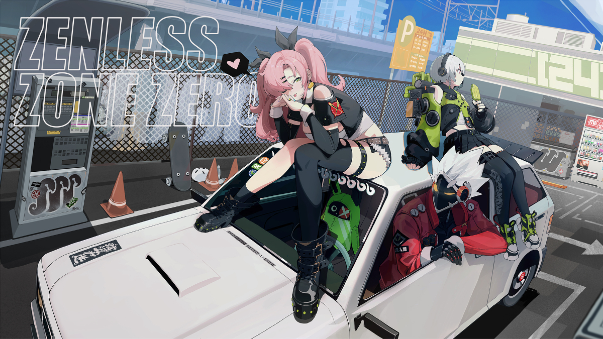Image of characters on a car in Zenless Zone Zero artwork.
