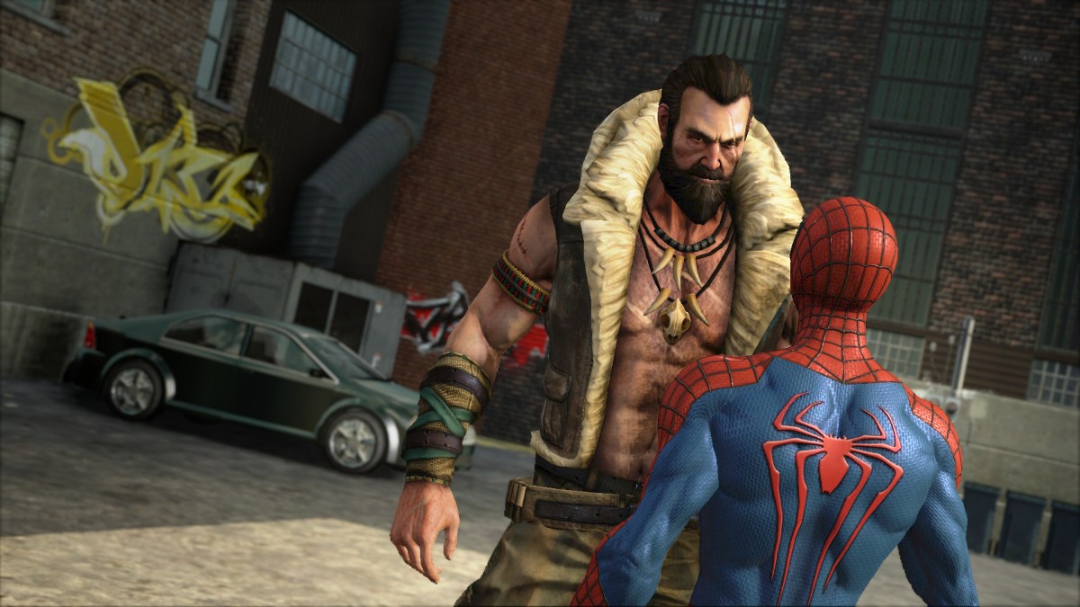 Kraven standing up to Peter Parker in The Amazing Spider-Man 2.