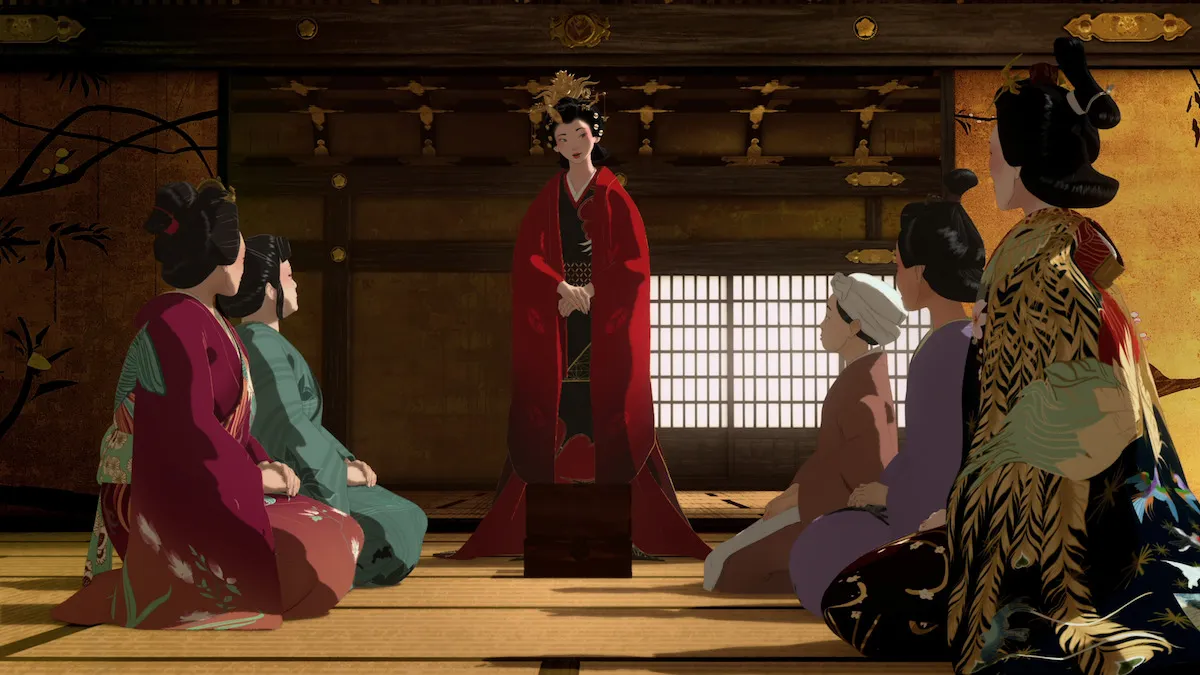 Lo que revela el episodio 5 de Blue Eye Samurai sobre el futuro.  El personaje Akemi habla con un grupo de otras cinco mujeres.