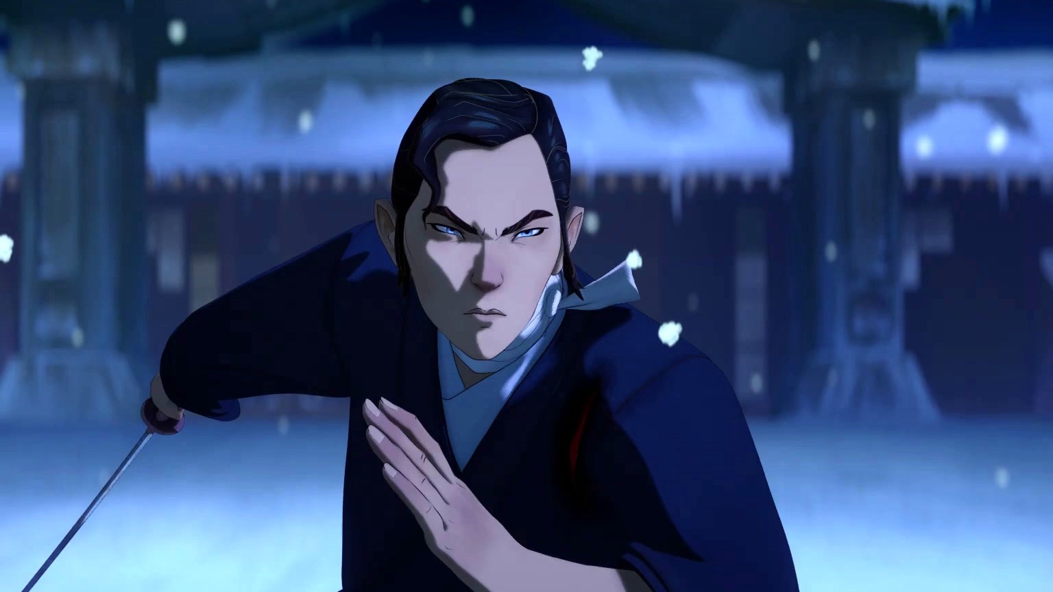 Mizu draws her sword in the snow. This image is part of an article about the best animated tv shows of 2023.