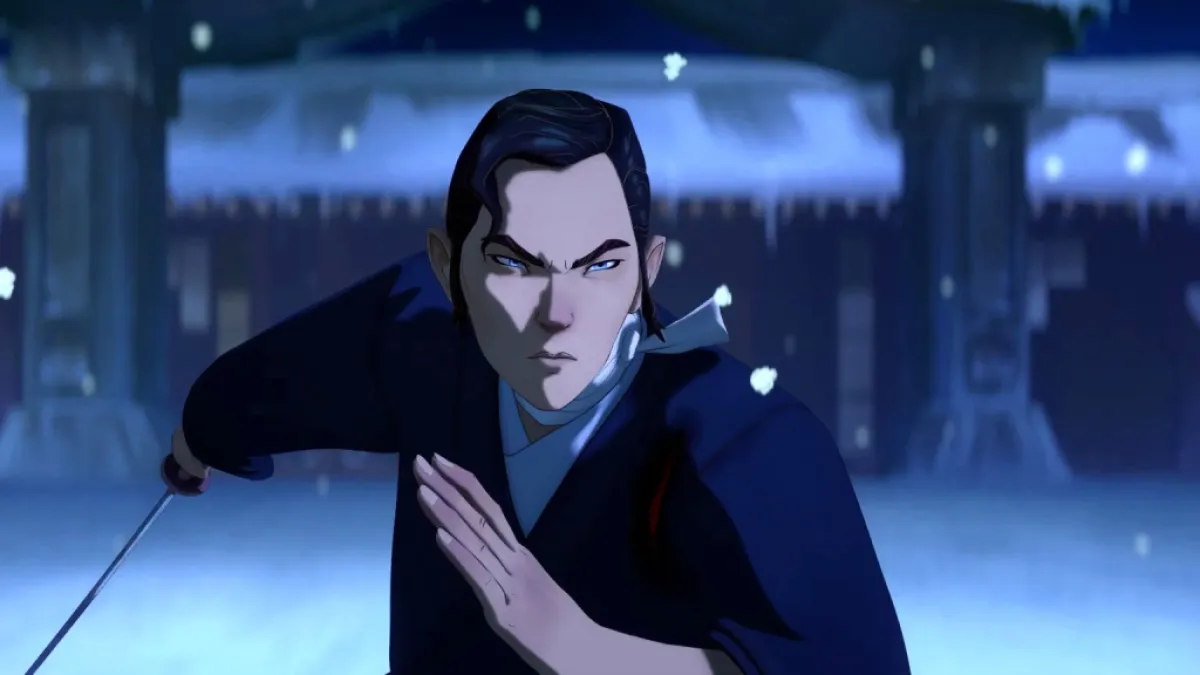 Mizu desenvaina su espada en la nieve.  Esta imagen es parte de un artículo sobre los mejores programas de televisión animados de 2023.