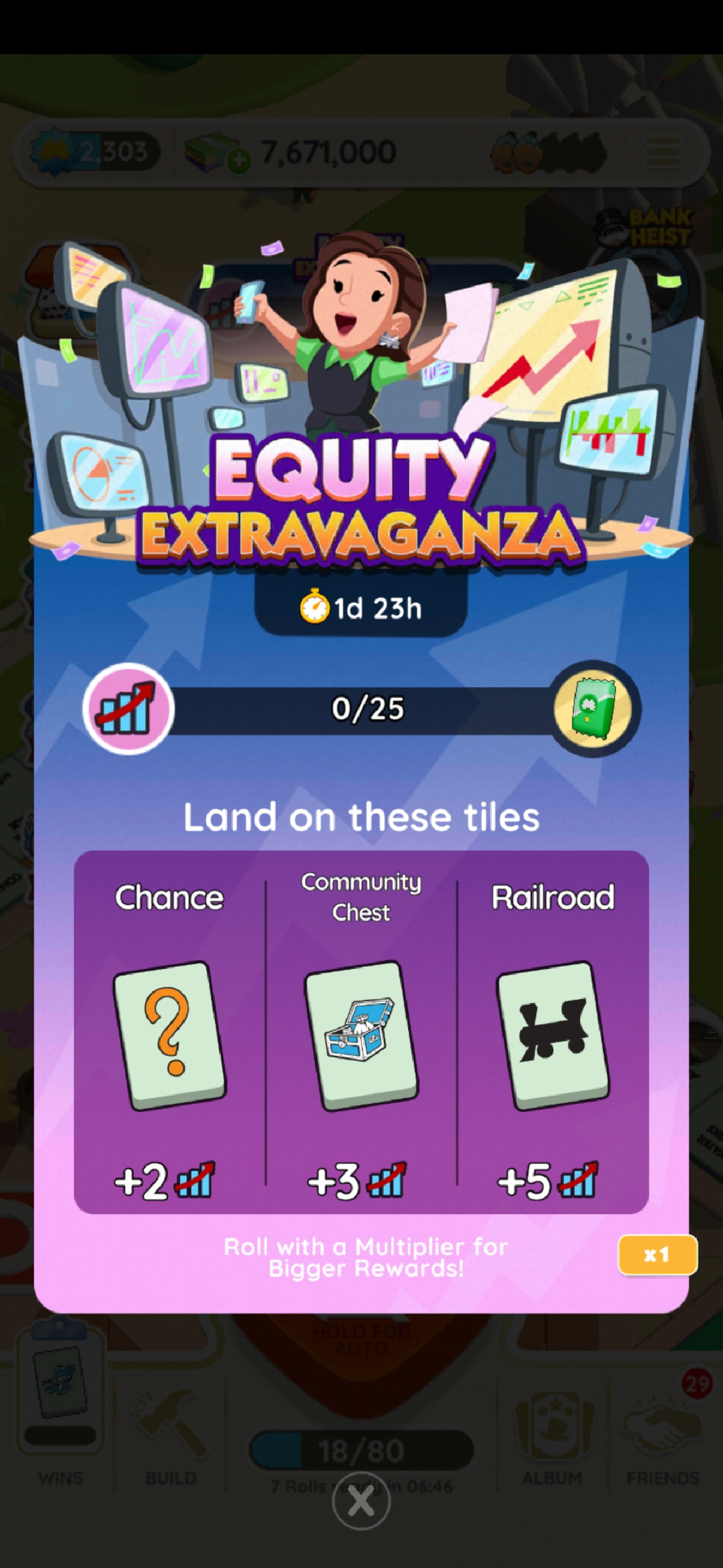 The full rules for the Equity Extravaganza event in Monopoly GO. The image shows a woman holding a cellphone and a pile of papers while she stands surrounded by screens with varying graphs on them. The image is part of an article on all the milestones and rewards for the Equity Extravaganza event in Monopoly GO as well as how the event works and advice for wining at it.