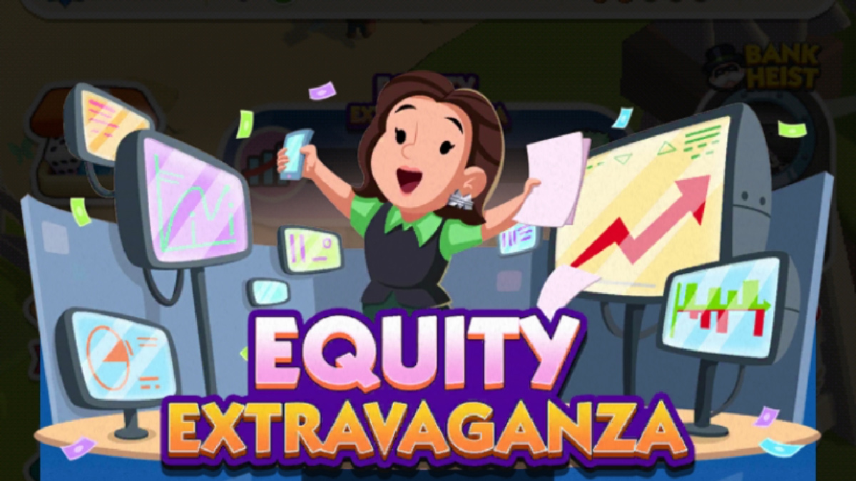 A header-sized image for the Equity Extravaganza event in Monopoly GO. The image shows a womanholding a cellphone and a pile of papers while she stands surrounded by screens with varying graphs on them.