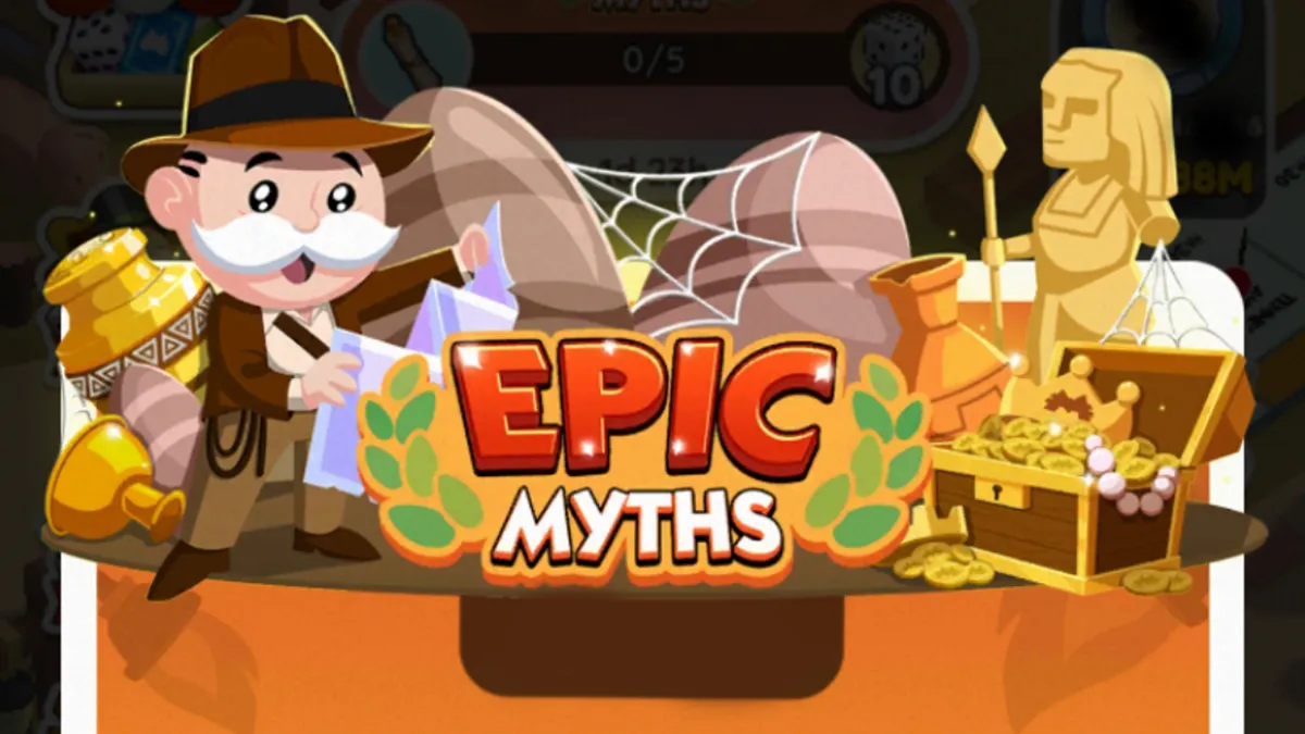 A header for the Epic Myths event in Monopoly GO as part of a guide to all the prizes, milestones, rewards available for the event, how to play, and how to win.