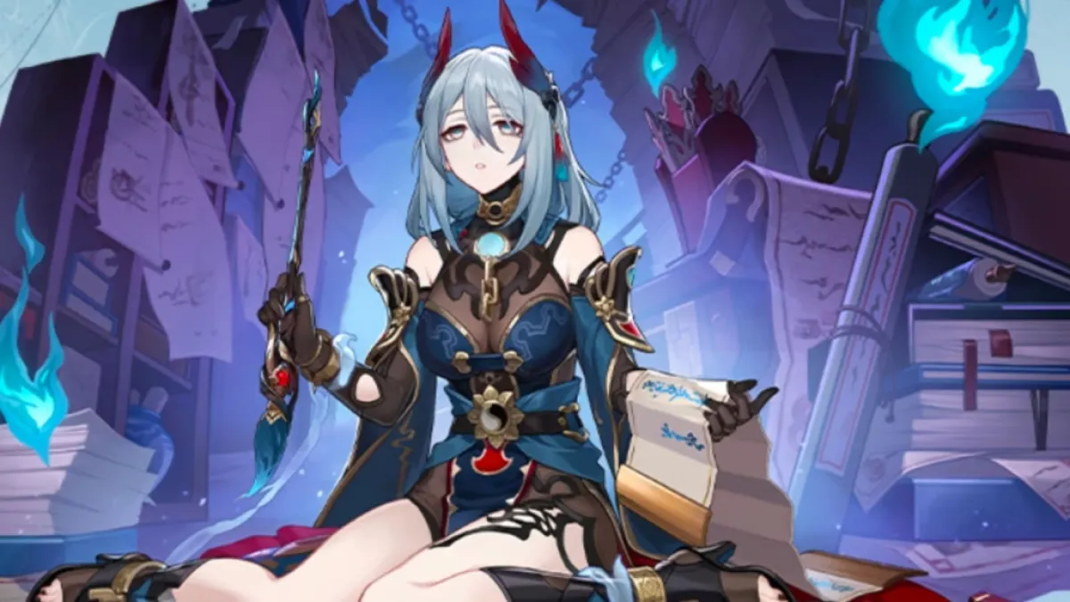 An image of Hanya in Honkai Star Rail kneeling while holding a scroll. The image is part of a ranked tier list of all characters in Honkai Star Rail.